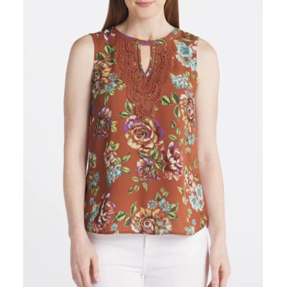 Daniel Rainn Women's Floral Burnt Orange Quin Keyhole Crochet Top Size Petite M